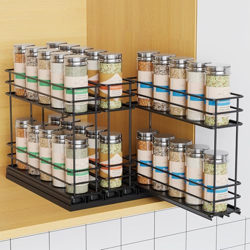 Mystozer Pull Out Spice Rack Organizer for Cabinet, Slide Out Spice Racks, Easy to Install Spice Cabinet Organizers, 7.4 Wx10.43 Dx8.26 H, 3 Drawers 2 Tiers(Black)