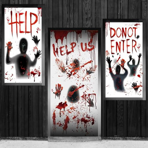 Halloween gruselige Tür- und Fensterdekoration mit blutigen Handabdrücken und dem Wort HELP, gruselige Wand-Fensterdekoration, Halloween Partydekoration