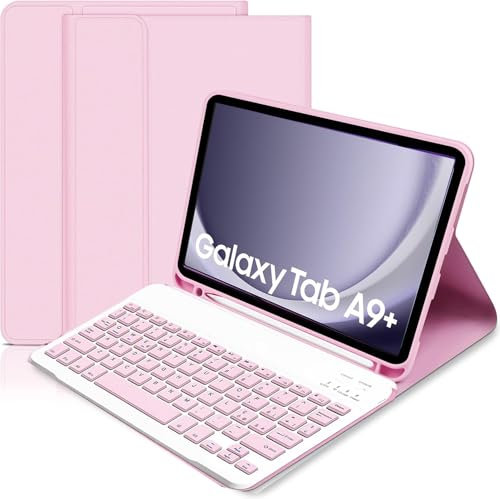 Custodia con Tastiera per Samsung Galaxy Tab A9+ 11 Pollici 2023 – Tastiera Bluetooth Rimovibile Layout Italiano QWERTY, Copertura PU Antimacchia con Supporto S Pen– Modelli SM-X210/X216/X218 (Rosa)