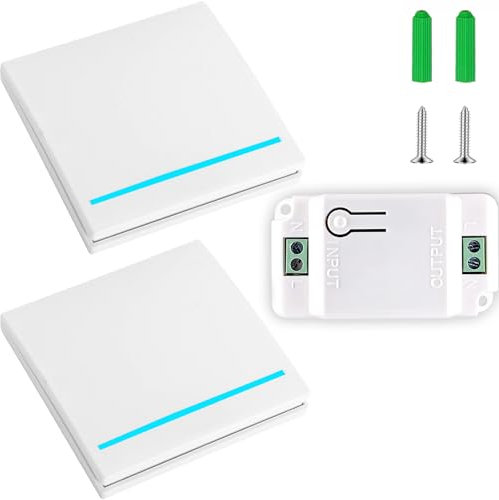 Funk Lichtschalter, 230V Funk Lichtschalter Set, Funk-Wandschalter, Funk Schalter für Lampe bis 1500W, Bis 30m Reichweite, Keine Verkabelung Erforderlich(1 Empfänger + 2 Schalter)