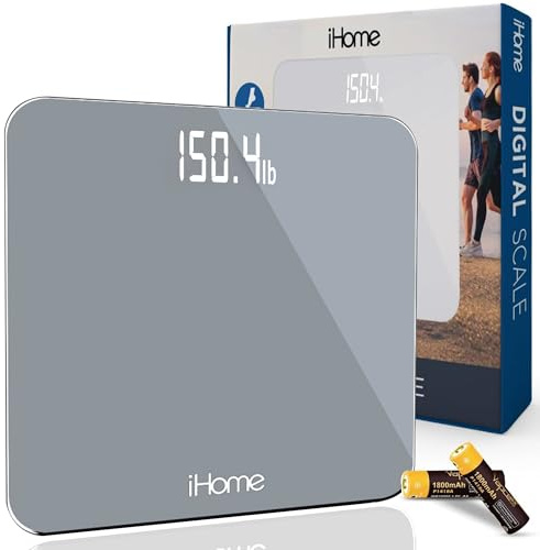 iHome Digital Scale, Bathroom Scale, Batteries Included, Scale Body Weight, Weight Scale, Digital Scale, Bathroom Scales for Weight, Digital Scales for Body Weight (Grey)