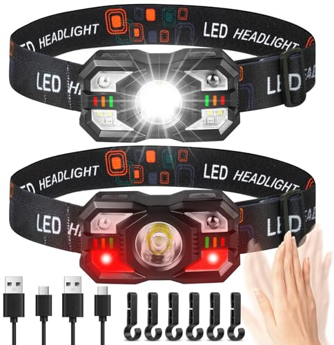 Adiwo 2 PCS Torcia Frontale LED Ricaricabile, 5 Modalità di Illuminazione con Sensore di Movimento, Impermeabile e Leggero Lampada da Testa, Super Luminoso Lampada Frontale per Campeggio/Corsa/Pesca