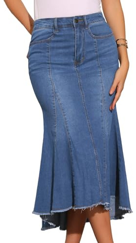 Jupe en Jean Femme Délavée Ourlet Évasée Taille Haute | Décontractée, Mi-Longue sous le Genou, Tissu en Denim Vintage