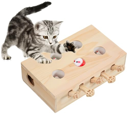 Juguete interactivo para gatos, juguete para gatos de madera, juguete interactivo, 3 en 1, tabla para rascar gatos y juguetes, divertido juego Whack Mole Game Juguete interactivo para gatos para caza,