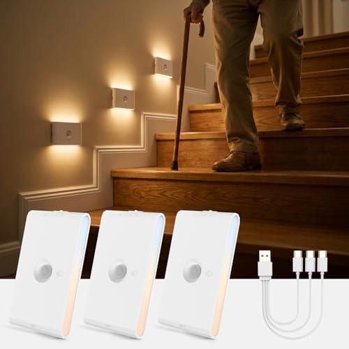wowatt 3CCT Rechargeable Stair Lights Indoor, White Stairway Lights Indoor with Magnetic Mount, Dimmable Stair Lights Motion Sensor for Stairway, Hallway, Kitchen, Bathroom(3 Packs)