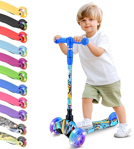 Hurtle Mini Kickboard Scooter for Kids - Height Adjustable 25''-28'', Lightweight 3-Wheel with LED Light-up Wheels, Anti-Slip,Indoor/Outdoor Fun, Micro Scooters for Ages 2-5 (Grafitti)