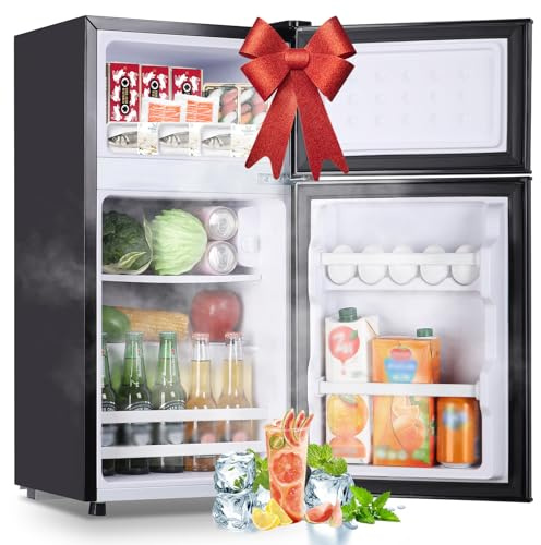 DEMULLER Mini Fridge with Double Doors Small Refrigerator with Separate Freezer & 7 Adjustable Temperature Control, Tiny Size & Personal Fridge Ideal for Office Apartment Dorm Dark Grey