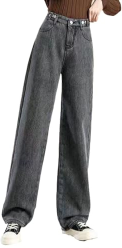 KIHFSODN Jeans Térmicos de Invierno con Forro Polar para Mujer, Jeans Térmicos de Cintura Alta Cálidos, Jeans Anchos Gruesos, Pantalones Vaqueros para Exteriores para Mujer(Gray black,XS)