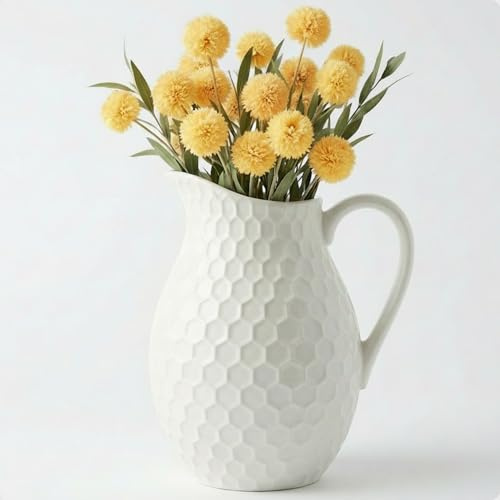 White Ceramic Pitcher Vase with Handle - 7W x 8H Farmhouse Vase with Honeycomb Pattern - Decorative Water Pitcher - Ceramic Jug Vases for Decor - Farmhouse Milk Jug Decor - Vintage Vases for Flowers