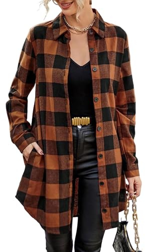 Jhsnjnr Damer flanell rutig skjorta blus knappslå v hals toppar lång skjorta oversize rutig skjorta långärmad skjorta, apelsin, S