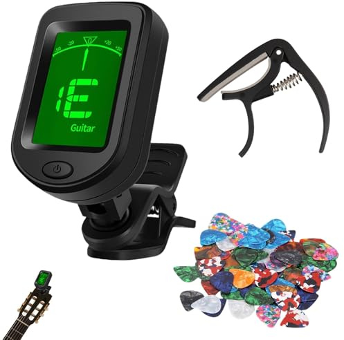 Electric Guitar Tuner and Guitar Capo Acoustic Set with 20 Random Color Guitars Picks, Clip-On Digital Tuner, Capo For Acoustic Guitars Suitable for Guitar Ukulele Tuning