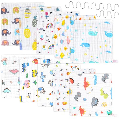 10 Stück Spucktücher Baby Musselintücher - Spucktücher Baby Reine Baumwolle mit Haken, SaugfäHig Atmungsaktiv Wickeltücher Waschlappen Weiche für Jungen Mädchen Reinigen und Abwischen von Neugeborenen