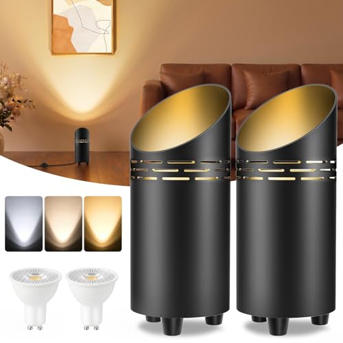 T-SUN 2 Pack LED Uplighter Floor Lamps,Black Dimmable for Living Room | Uplight Spotlights with Foot Switch,3000K/4000K/6000K GU10 Bulbs for Bedroom Corner Plant Artwork