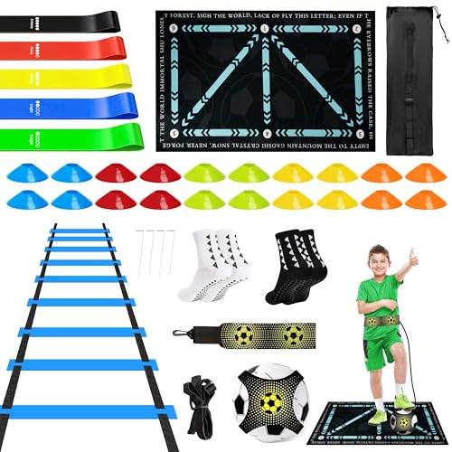 Wood Homing Football Training Equipment Set - Training Kits with Football Skills Mat 6m Agility Ladder Cones Kick Trainer 5 Resistance Band Grip Socks for Kids Adults Drill Speed Ball Control Practice