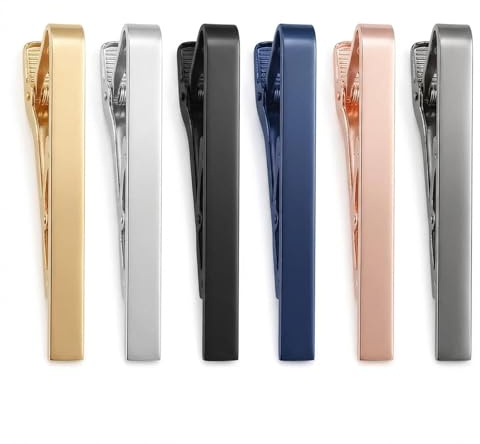 6 Color Tie Clips for Men, Long Tie Clip Set in Black Blue Silver Gold Rose Gold Grey, Classic Square Edge Tie Pins for Men, Necktie Bars for Business, Wedding, Daily Wear & Father's Day Gifts