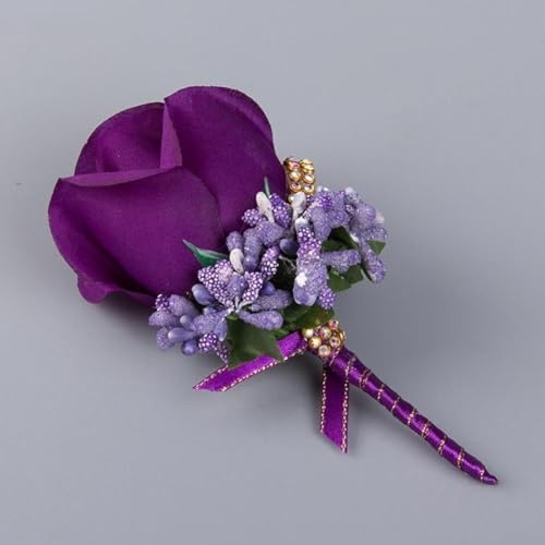 PureBowlic konstgjord kallalilja bröllopskorsett för nål och sidenband, PU blommig knapphålsdräkt för brud brudgum brudtärnor gäster, festdekoration, 7 x 12 cm, paket med 2 (2 st lila)