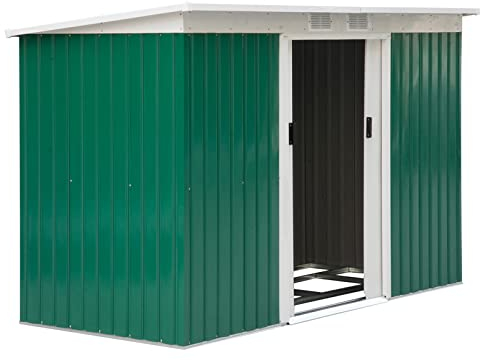 Outsunny Casetta da Giardino Porta Utensili in Lamiera di Acciaio con Fondazione, Capanno da Giardino in Acciaio con Porte Scorrevoli, 280x130x172cm, Verde Scuro