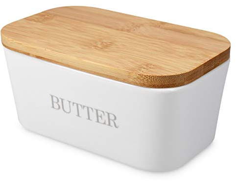 Navaris Ceramic Butter Dish - Ceramic Butter Container 16 x 10 x 7.5 cm with Bamboo Lid - Airtight Box - Silicone Ring