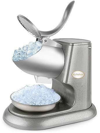 KOFOHON Electric Ice Crusher, Ice Shaver with Double Full Stainless Steel Blades for Home and Commercial Use, Shaved Ice Machine with Strong Powerful 135kg/hrs, Large Gray Snow Cone Machine 300W.