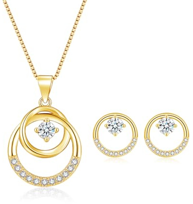 Cangall Schmuckset Silber 925 Damen, 925 Sterling Silber Halskette & Ohrstecker Set, Gold Kreis Schmuckset für Frauen Mädchen, Gold Schmuck Set Liebesgeschenk zum Geburtstag Muttertag Weihnachten