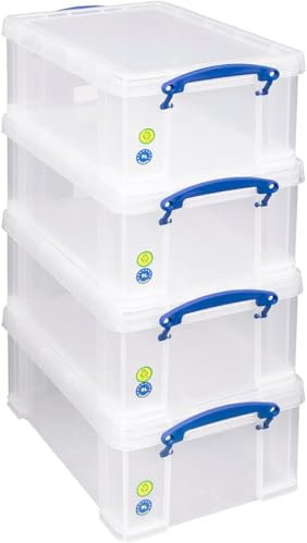 Really Useful Box 9 Litre Plastic Storage Box Clear, Multi-purpose stacking storage, with a lid and clip lock handles, Ideal for home, office, school and arts and crafts storage (4, 9L)