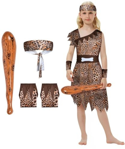 AYBUY Costume da bambina a tema età della pietra, vestito da grotta selvaggia, Halloween, cosplay, vestaglia leopardata, cintura marrone, foulard, polsini