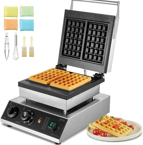 VEVOR Gaufrier Commercial 2000 W, Appareil à Gaufres Belges Rectangulaires Capacité 2PCs, en Acier Inoxydable, Antiadhésif, avec Contrôle de la Température et du Temps, Boulangerie, Snack-bar