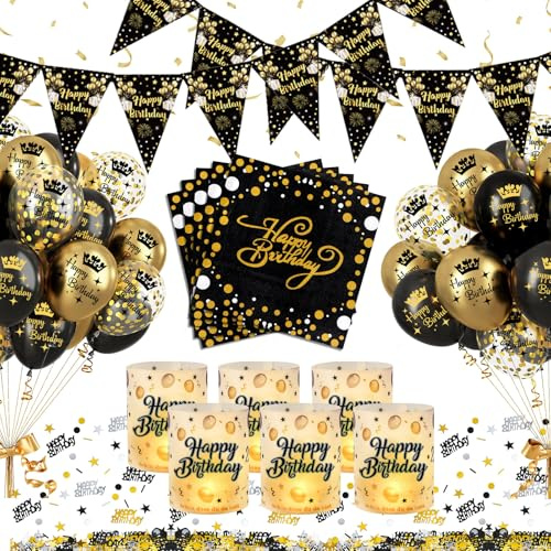 YEJIKJ Décorations Anniversaire Noir Or, Confettis Anniversaire Bannières, Ballon Décorations Noir Or, Deco Ballon Fond Photophore Confettis pour Femme Homme Garçon Fille