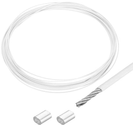 sourcing map Cuerda de alambre de 5 m, cable de acero inoxidable 304 de 0,8 mm, revestimiento de vinilo con 2 fundas de aluminio para colgar, tendederos, elevación, color blanco
