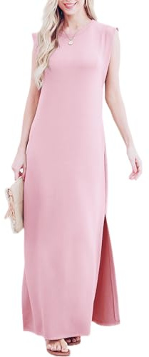 GRECERELLE Damklänning för sommaren, ledig maxiklänning, blusklänning i elegant stil, ärmlös klänning med slits och fickor för damer, ROSA, L