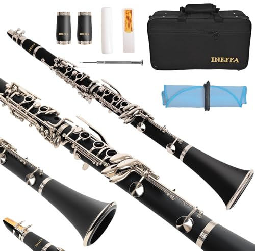 INEFFA Bb Clarinet for Beginners, Professional Black Wood Clarinet with Hard Case, Cleaning Cloth, Cork Grease, and Fingering Chart, Reeds, for Students & Adults (ABS)