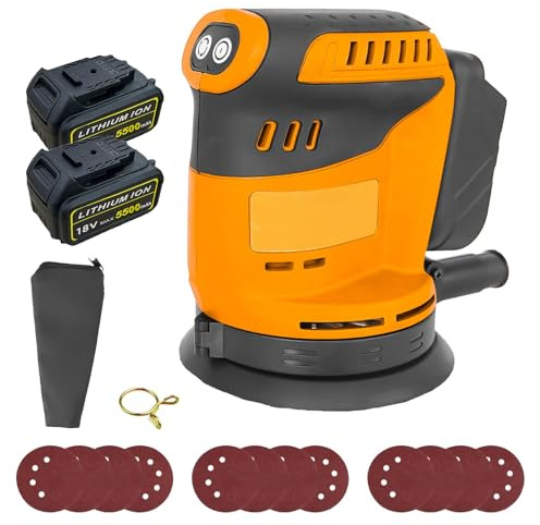 Orbital Sanders, Circular Sander, Cordless Random Orbital Sander Fit Compatible with Dewalt Battery, 12PCS Sandpaper 125mm Sanders for Wood, Sanding, Polishing Wood, DIY, Home Improvements (2x5500mAh)