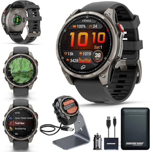 Garmin Fenix 8 Pro, 47mm, AMOLED Display, Premium Multisport GPS Smartwatch, inReach Technology for Emergency Survival, Health Tracking | Titanium/Graphite, Signature Series Power Bundle