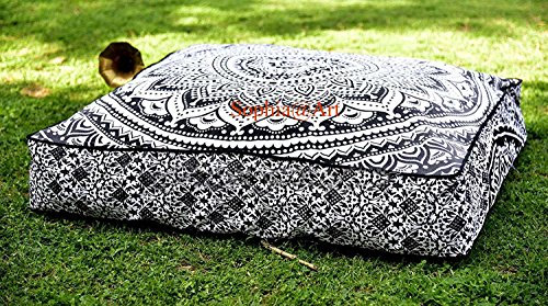 Sophia Art Indisches graues Mandala-Bodenkissen, quadratisch, Ottoman, Tagesbett, Übergröße, Kissenbezug, Baumwolle, Sitzkissen, Sitzkissen, Hunde-/Haustierbett, Grau
