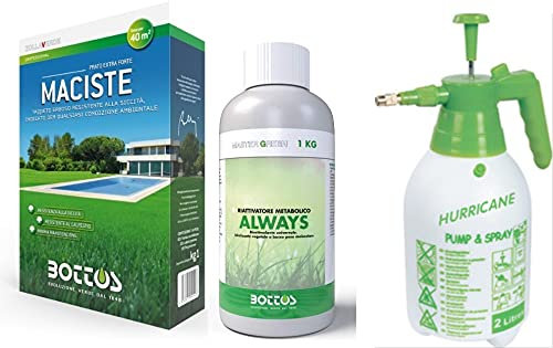 Maciste, Sementi per tappeto erboso ideale per zone aride 1Kg + Concime Fertilizzante per Prato Bottos Always 1 Lt, con Pompa Spruzzatore a Pressione