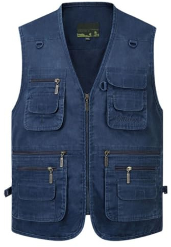 HZQIFEI Homme Multi-Poches Gilet de Pêche Plein air Veste sans Manches pour Sport Gilet Journaliste MJ09 (Bleu, XL)