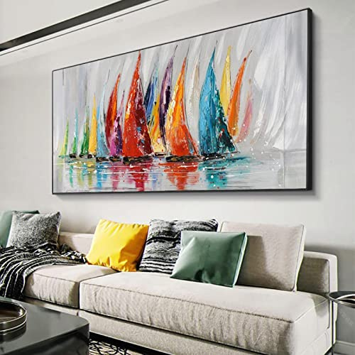 KADING Tableau abstrait sur toile Peinture colorée de bateau à voile Peintures à l'huile sur toile de grande taille Art mural moderne pour décor de salon 123x60cm (48x24in) avec cadre