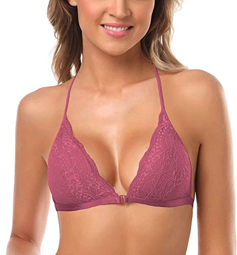 SHEKINI Womens Lace Bralette Front Fastening Backless Removable Pads | Front Fastening Triangle Bralette, Lace, Backless, Removable Pads, Wireless Soft Support. Adjustable Halter Straps