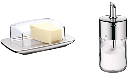 WMF loft Brunch Butterdose Edelstahl 11,5 x 16,8 cm & Barista Zuckerstreuer 240g, Glas, Cromargan Edelstahl poliert, ideal für weißer/brauner Zucker, Kakao oder auch als Gewürzstreuer