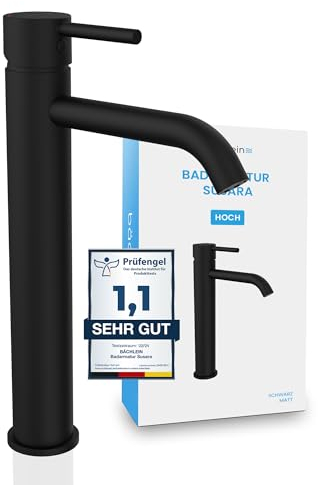 Bächlein Badarmatur Susara hoch mit gebogenem Auslauf, Extra hoher Design Einhebelmischer für Aufsatzwaschbecken mit langlebiger Keramikkartusche und Montage-Set, Bad Wasserhahn Matt Schwarz