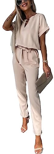 amropi Jumpsuit Damen Elegant Kurzarm Playsuit V-Ausschnitt Casual Lose Overalls Lang Romper Kaki,M