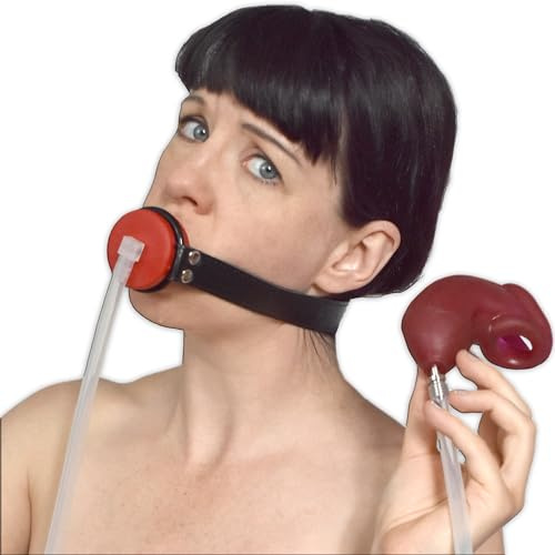 Honeylust - Mordaza urinaria BDSM de silicona con tubo y condón, Arnés de cabeza ajustable de cuero sintético, Mordaza bondage para Dom Sub y juegos dorados