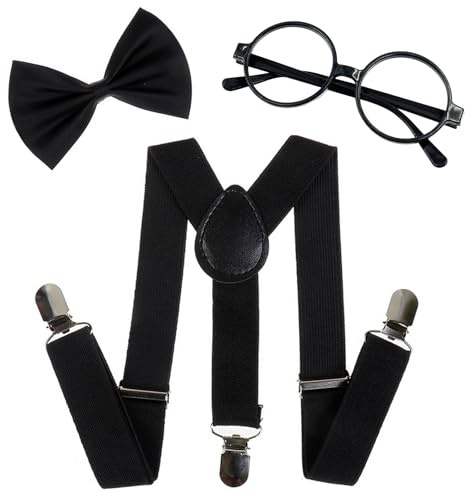 Tatibana Child Kids Suspenders Bowtie Set with Black Glasses - Adjustable Suspender Set for Boys and Girls
