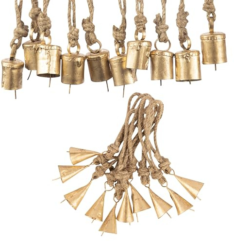 JYPR 20 Pc Vintage Rustic Metal Cow Bells for Christmas Decor - Antique Handmade 4 cm Gold Bells, Witch Bells - Unique Old Look Xmas Decoration