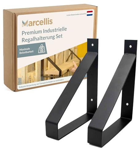 Marcellis Premium Regalhalterung für 20 cm breite Bretter, Matt Schwarz, 2x Industrielle Regalhalterungen (80 kg Tragkraft) - Hochwertige Verarbeitung und Montagematerial - 25x4x20,2 cm (HxWxD)