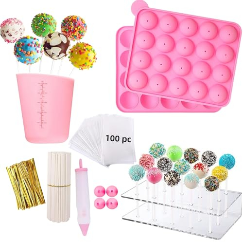 FUOBECIE Strumenti per la creazione di cake pop, il set da forno per bambini contiene stampo per cake pop, supporto per cake pop, penna per tubazioni, 100 bastoncini per torte e sacchetti, divertenti