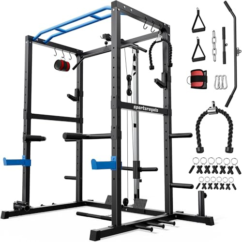 Sportsroyals Struttura per squat, LAT Power Cage, Power Rack Multi-Funzione con Sistema a Pulegge e Accessori per Allenamento per Palestra Domestica