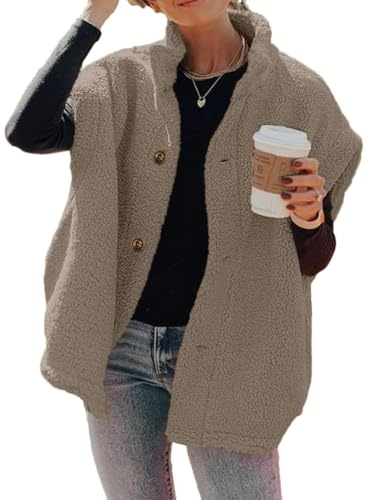 Hongqizo Gilet da donna in pile peloso, casual, oversize, caldo, con bottoni e tasche, marrone chiaro, Small