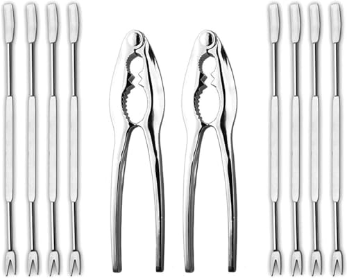 Lobster Tongs and Skewer Set, Stainless Steel Seafood Cracker & Fork Set, Dishwasher Safe, 10 Piece (1Set)