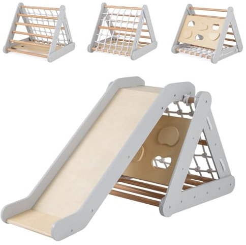 Maxmass 4-in-1 Kids Climbing Frame, Wooden Toddler Triangle Climber with Slide Ramp, Climbing Net Rope & Board, Indoor Outdoor Children Montessori Climber Toys Playset for 1 Years Old+ (Gray)